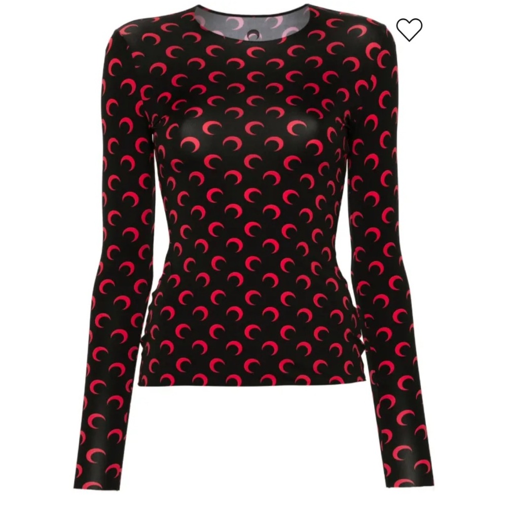 Marine Serre moon print  Black Long-Sleeve Crewneck Top with Pink Crescent Print